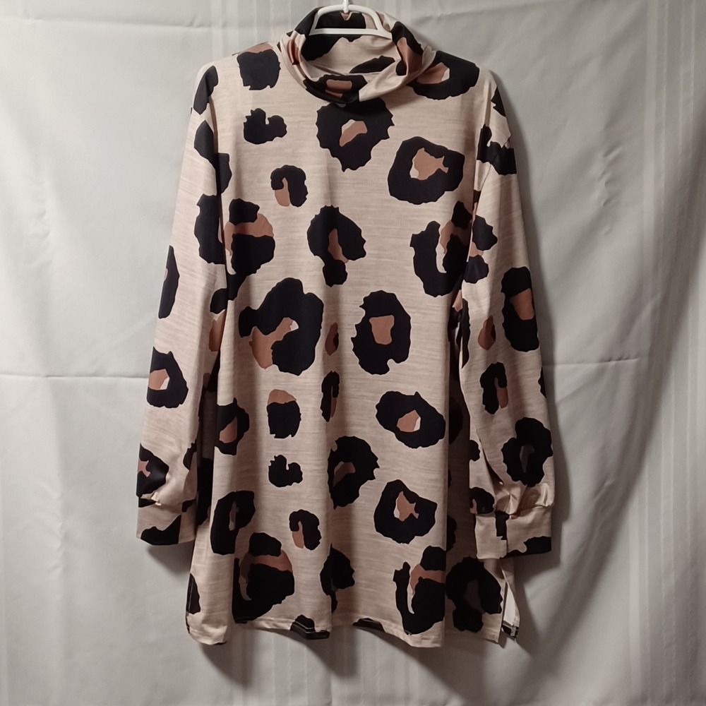 Shein Tunic Womens 3XL Tan Leopard Print Turtleneck Long Sleeve Top 19580502